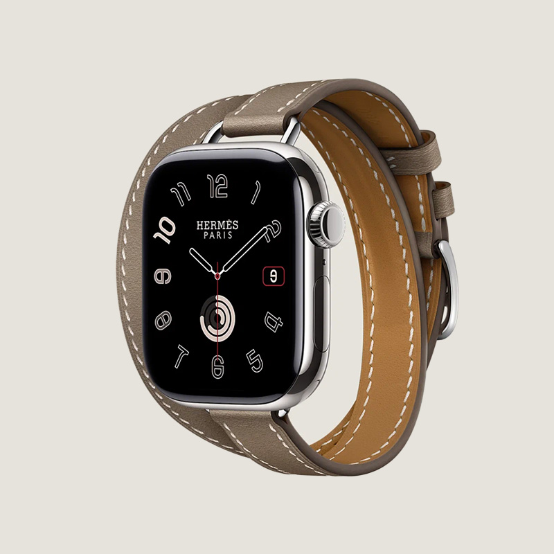 Часы Apple Watch Hermès Series 9 GPS + Cellular 41mm Silver Stainless Steel Case with Etoupe Leather Attelage Double Tour