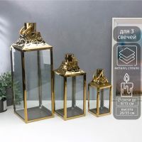 Подсвечник металл, стекло фонарь"Завитки"золото н-р 3 шт 55х18х18 37,5х14,5х14,5 26х10х10 см   54492
