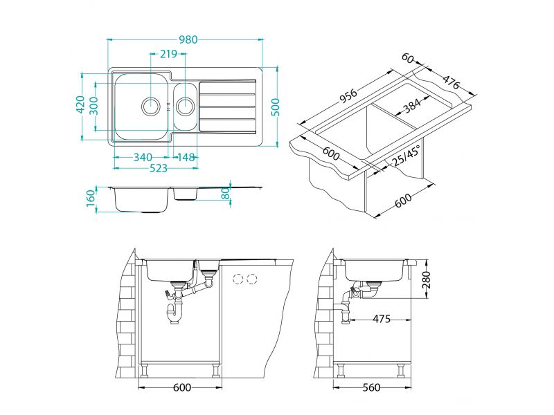 Мойка для кухни Alveus LINE 10 NAT-90 в комплекте с сифоном 98х50 см ФОТО