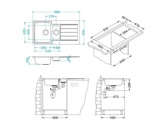 Мойка для кухни Alveus LINE 10 NAT-90 в комплекте с сифоном 98х50 см схема 3