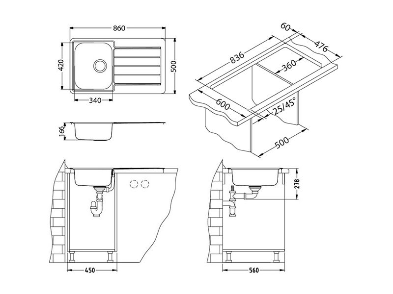 Мойка для кухни Alveus LINE 20 LEI-90 в комплекте с сифоном 86х50 см ФОТО