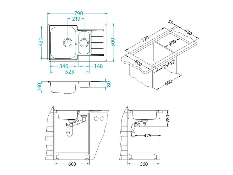 Мойка для кухни Alveus LINE 70 NAT-90 в комплекте с сифоном 79х50 см ФОТО