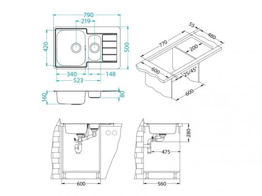Мойка для кухни Alveus LINE 70 NAT-90 в комплекте с сифоном 79х50 см схема 3