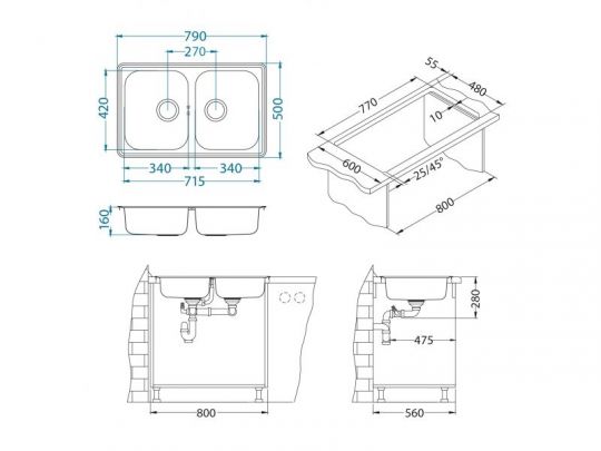 Мойка для кухни Alveus LINE 90 NAT-90 в комплекте с сифоном 79х50 см схема 3