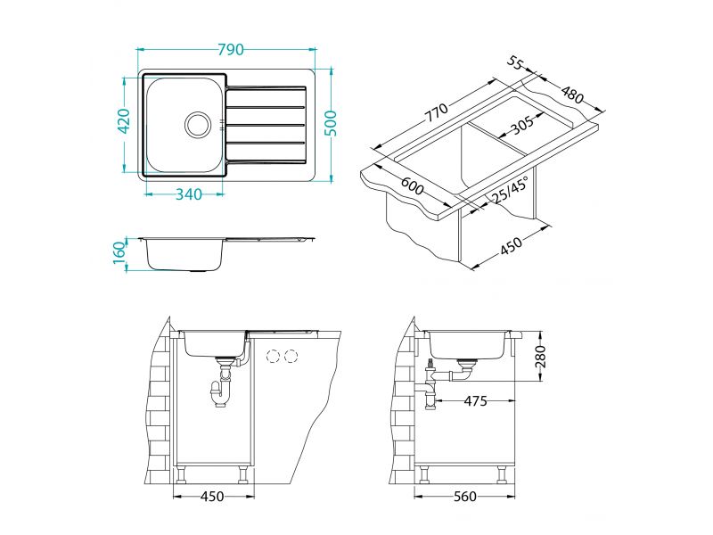 Мойка для кухни Alveus LINE 80 -LEI-90 в комплекте с сифоном 79х50 см ФОТО
