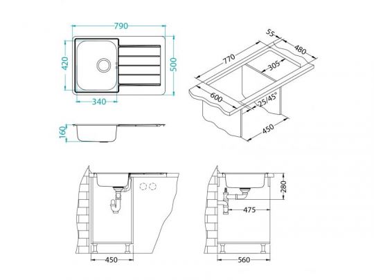 Мойка для кухни Alveus LINE 80 -LEI-90 в комплекте с сифоном 79х50 см схема 3