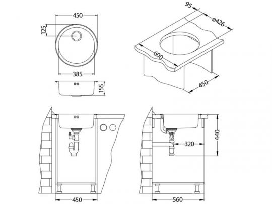 Мойка для кухни Alveus FORM 10 NAT-90 FI 450 в комплекте с сифоном 45х45 см схема 3