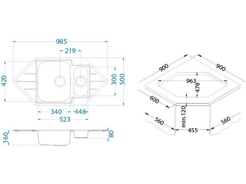 Мойка для кухни Alveus LINE 40 LEI-90 угловая в комплекте с сифоном 98,5х50 см ФОТО