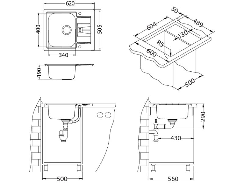 Мойка для кухни Alveus LINE MAXIM 60 FS SAT 90 в комплекте с сифоном 61,5х50,5 см ФОТО