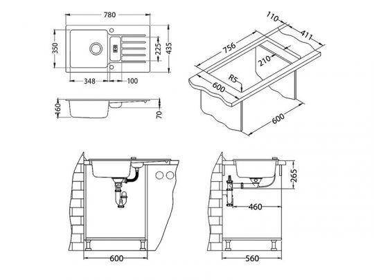 Мойка для кухни Alveus NIAGARA 70 GRANITAL 1+1/2 с сифоном 78х43,5х16 см схема 6