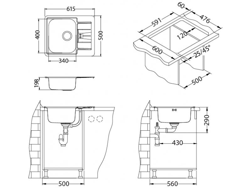 Мойка для кухни Alveus LINE MAXIM 60 SAT-90 в комплекте с сифоном 61х50 см ФОТО