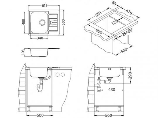 Мойка для кухни Alveus LINE MAXIM 60 SAT-90 в комплекте с сифоном 61х50 см схема 4