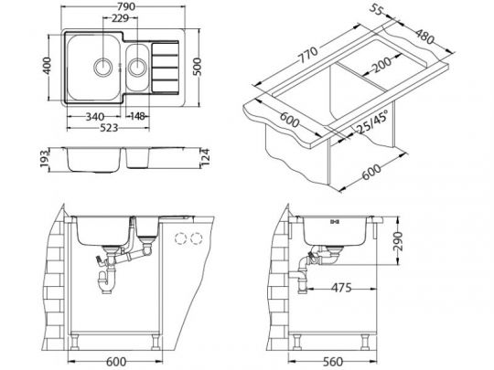 Мойка для кухни Alveus LINE MAXIM 70 SAT-90 в комплекте с сифоном 79,5х50,5 см схема 4