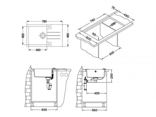 Мойка для кухни Alveus ROCK 130 GRANITAL с сифоном 78х48х18 см схема 12