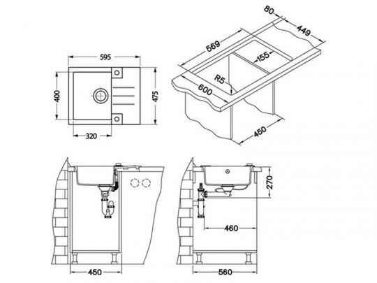 Мойка для кухни Alveus ROCK 30 GRANITAL с сифоном 59,5х47,5х16 см схема 10