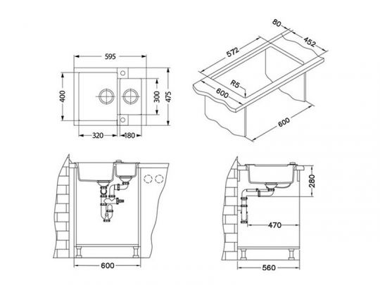 Мойка для кухни Alveus ROCK 80 GRANITAL 1+1/2 с сифоном 59,5х47,5х16 см схема 7