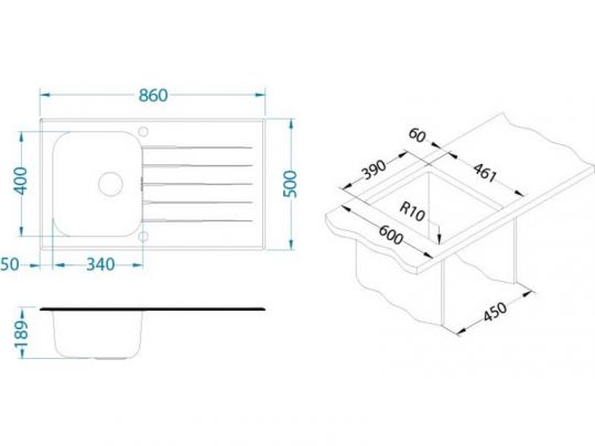 Мойка для кухни Alveus GLASSIX 10 с сифоном 86х50 см схема 5