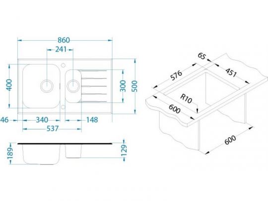 Мойка для кухни Alveus GLASSIX 20 1+1/2 с сифоном 86х50 см схема 6