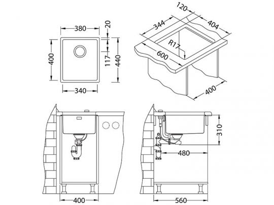 Мойка для кухни Alveus KOMBINO 20 SAT-90 в комплекте с сифоном 34х40х20 см схема 3