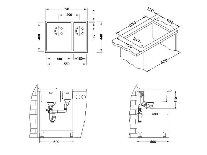 Мойка для кухни Alveus KOMBINO 120 SAT-90 в комплекте с сифоном 55х40х14,4 см ФОТО