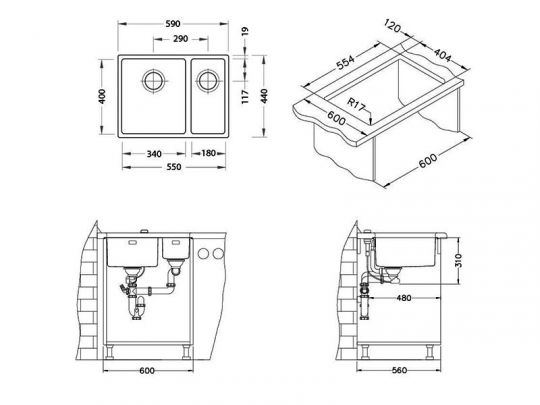 Мойка для кухни Alveus KOMBINO 120 SAT-90 в комплекте с сифоном 55х40х14,4 см схема 3