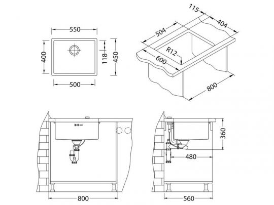 Мойка для кухни Alveus QUADRIX 50 BRS-90 в комплекте с сифоном 55х45х19.9 см схема 3