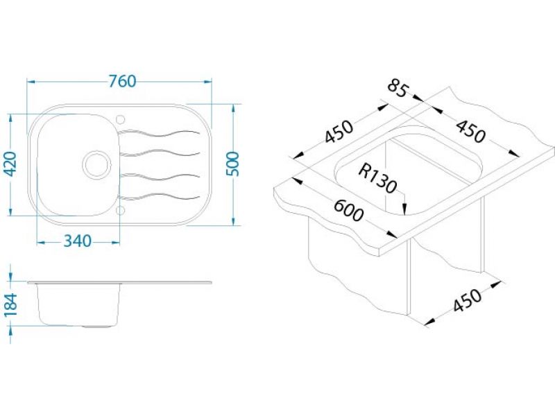Мойка для кухни Alveus WAVE 20 в комплекте с сифоном 76х50 см ФОТО