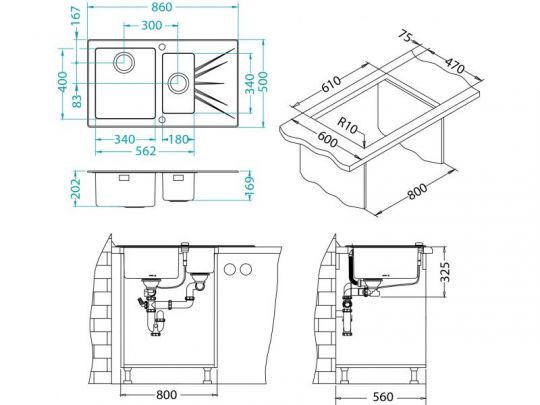 Мойка для кухни Alveus KARAT 20 1+1/2 левая в комплекте с сифоном 86х50 см схема 2