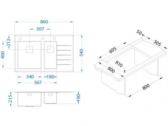 Мойка для кухни Alveus CRYSTALIX 20 1+1/2 правая с сифоном дозатором коландером 86х54 см схема 2