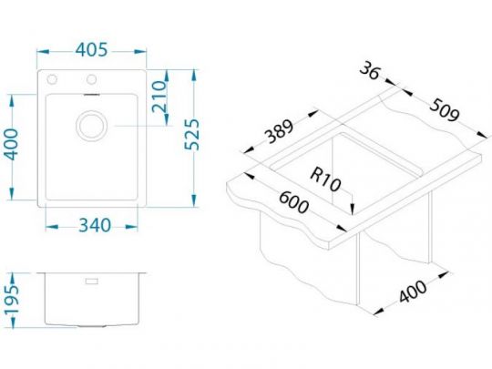 Мойка для кухни Alveus PURE 10 KMB-90 в комплекте с сифоном 40,5х52,5 см схема 3