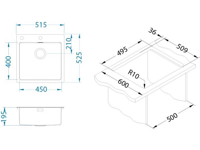 Мойка для кухни Alveus PURE 30 KMB-90 в комплекте с сифоном 51,5х52,5 см ФОТО