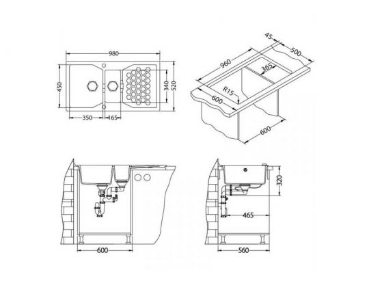 Мойка для кухни Alveus SENSUAL 70 GRANITAL+ 1+1/2 с сифоном 98х52 см схема 6