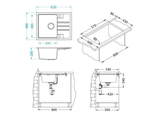 Мойка для кухни Alveus INTERMEZZO 30 GRANITAL в комплекте с сифоном 62х48х20 см схема 8