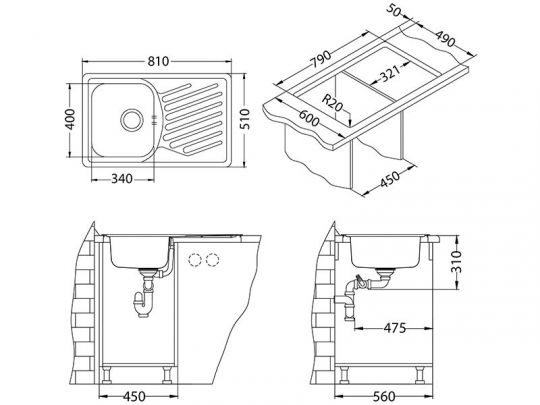 Мойка для кухни Alveus ELEGANT 30 FI в комплекте с сифоном 81х51 см схема 8