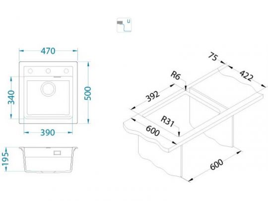Мойка для кухни Alveus GRANITAL ATROX 20 в комплекте с сифоном 47х50 см схема 13