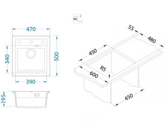 Мойка для кухни Alveus GRANITAL ATROX 20 в комплекте с сифоном 47х50 см схема 14
