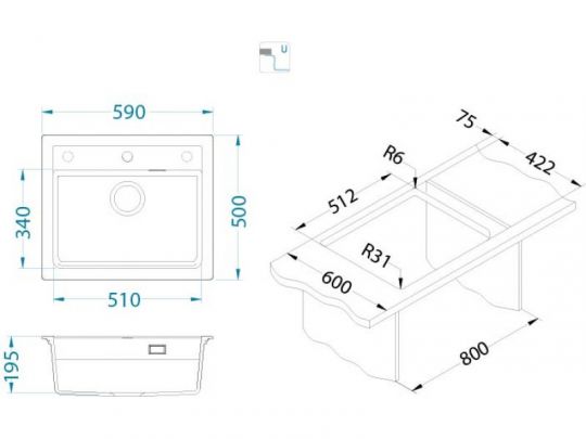 Мойка для кухни Alveus GRANITAL ATROX 30 в комплекте с сифоном 59х50 см схема 18
