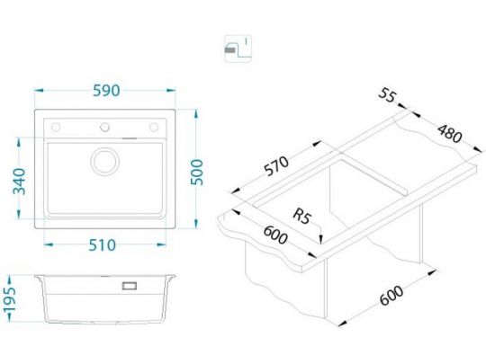 Мойка для кухни Alveus GRANITAL ATROX 30 в комплекте с сифоном 59х50 см схема 19