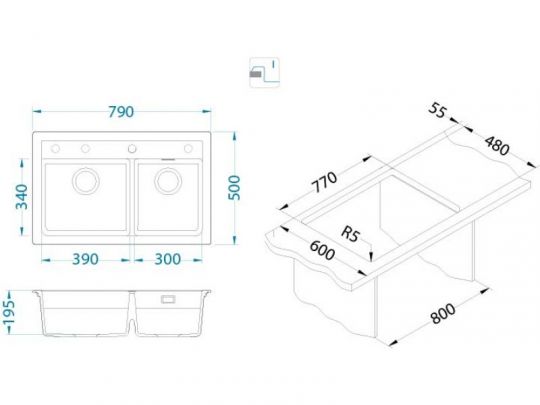 Мойка для кухни Alveus GRANITAL ATROX 50 в комплекте с сифоном 79х50х19,5 см схема 16 Мойка для кухни Alveus GRANITAL ATROX 50 в комплекте с сифоном 79х50х19,5 см схема 16