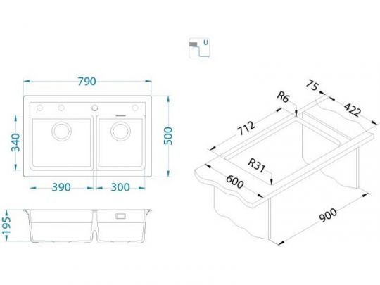 Мойка для кухни Alveus GRANITAL ATROX 50 в комплекте с сифоном 79х50х19,5 см схема 17 Мойка для кухни Alveus GRANITAL ATROX 50 в комплекте с сифоном 79х50х19,5 см схема 17