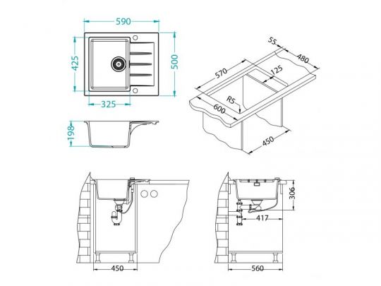 Мойка для кухни Alveus GRANITAL CADIT 10 в комплекте с сифоном 59х50 см схема 19