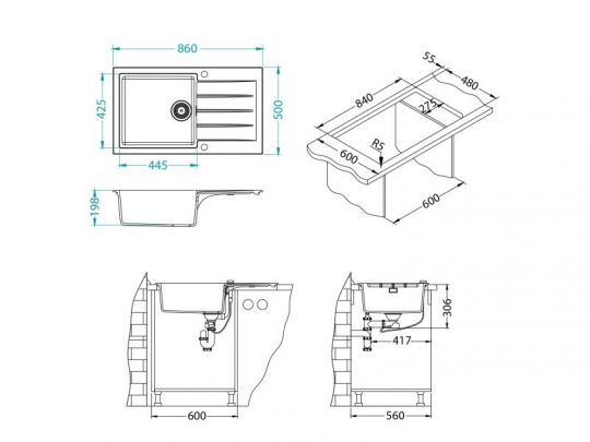 Мойка для кухни Alveus GRANITAL CADIT 40 в комплекте с сифоном 86х50 см схема 17
