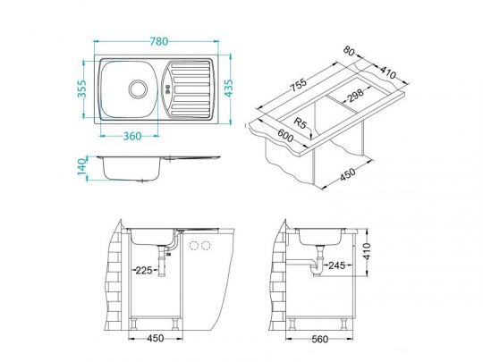 Мойка для кухни Alveus BASIC 150 NAT-60 NEW в комплекте с сифоном 78х43,5 см схема 3