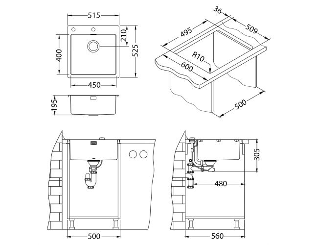 Мойка для кухни Alveus PURE 30 new KMB-90 в комплекте с сифоном 51,5х52,5 см ФОТО