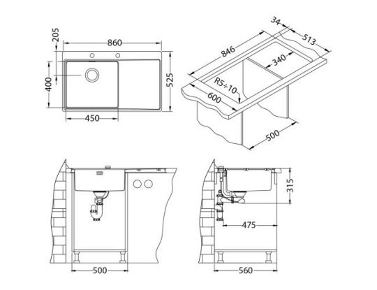 Мойка для кухни Alveus PURE 50L new KMB-90 левая в комплекте с сифоном 86х52,5 см схема 3