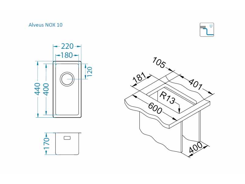 Мойка для кухни Alveus NOX 10 BRS в комплекте с интегрированным сифоном 22х44х17 см ФОТО