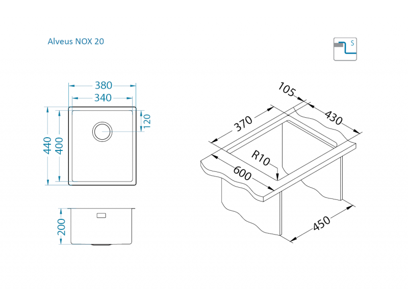 Мойка для кухни Alveus NOX 20 BRS в комплекте с интегрированным сифоном 38х44х20 см ФОТО