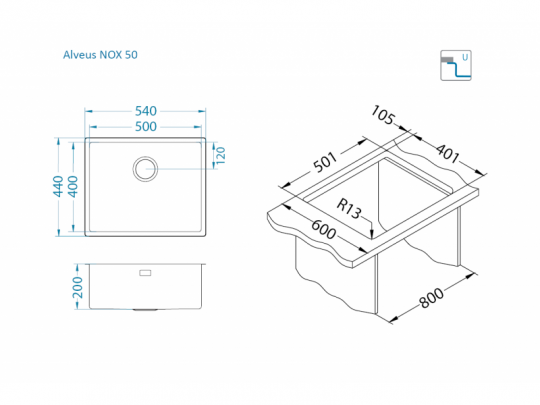 Мойка для кухни Alveus NOX 50 BRS с интегрированным сифоном 54х44х20 см схема 6