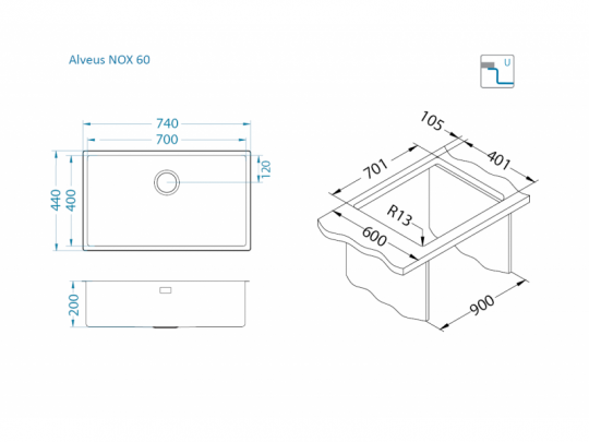 Мойка для кухни Alveus NOX 60 BRS с интегрированным сифоном 74х44х20 см схема 5