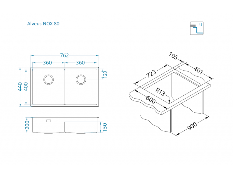 Мойка для кухни Alveus NOX 80 BRS с интегрированным сифоном 76,2х44х20 см ФОТО